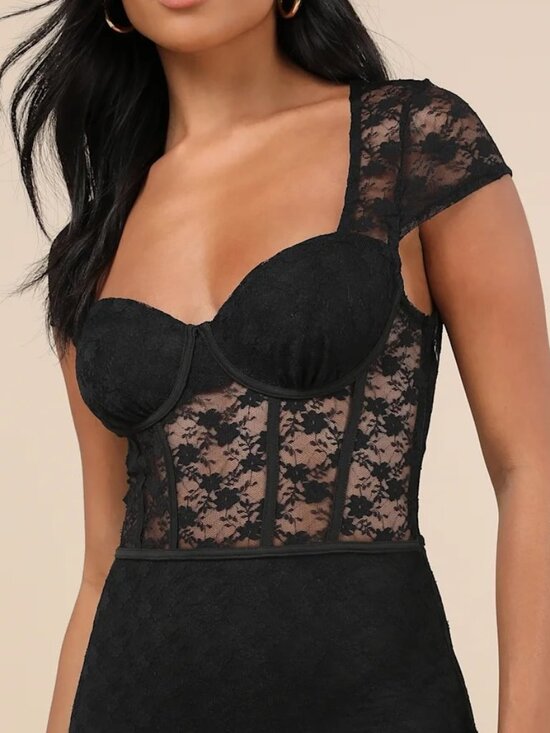 Lulus Flirtatious Presence Black Sheer Lace Bustier Midi Dress, NWT - Picture 2 of 3